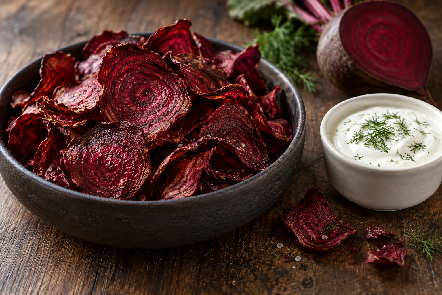 Thin beetroot crisps in a dark bowl beside a yoghurt and dill dip