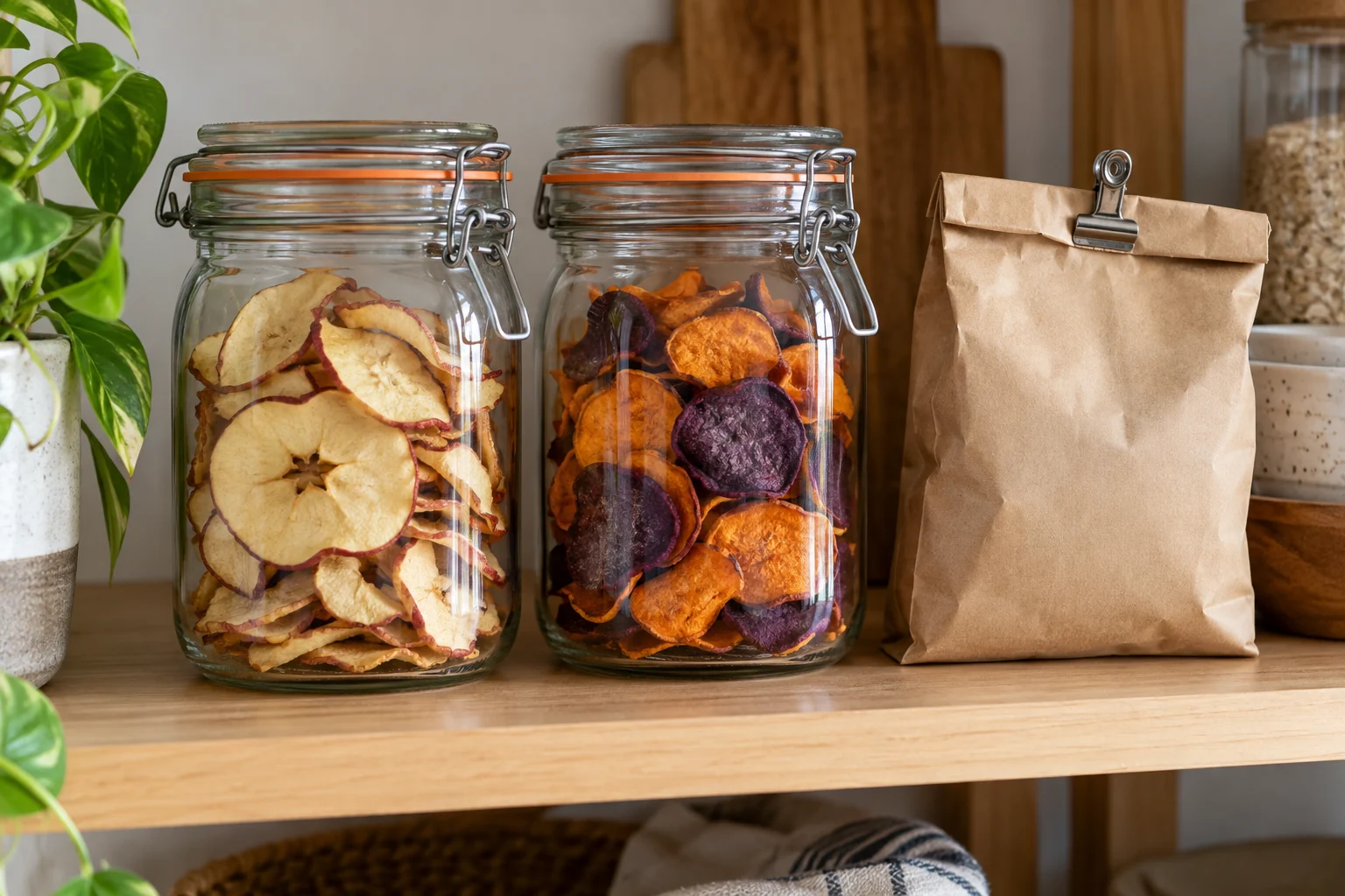 Sealed jars of apple crisps and vegetable snacks beside a clipped snack pouch in a kitchen cupboard