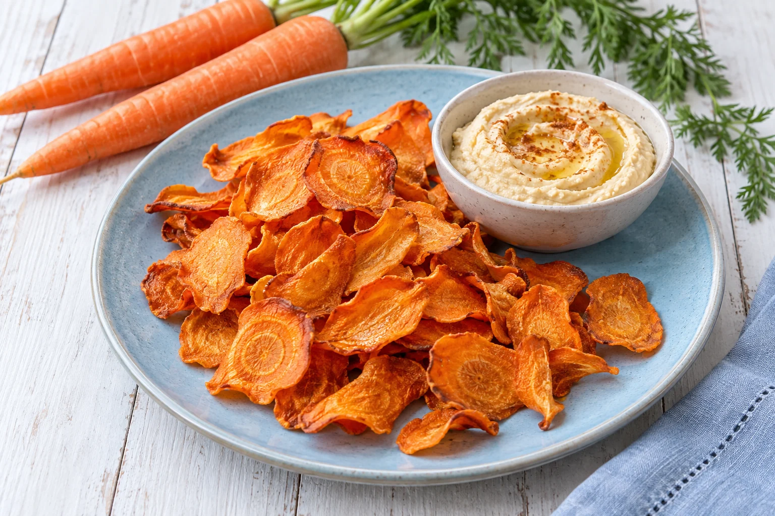 Thin carrot crisps on a pale blue plate beside a small bowl of hummus