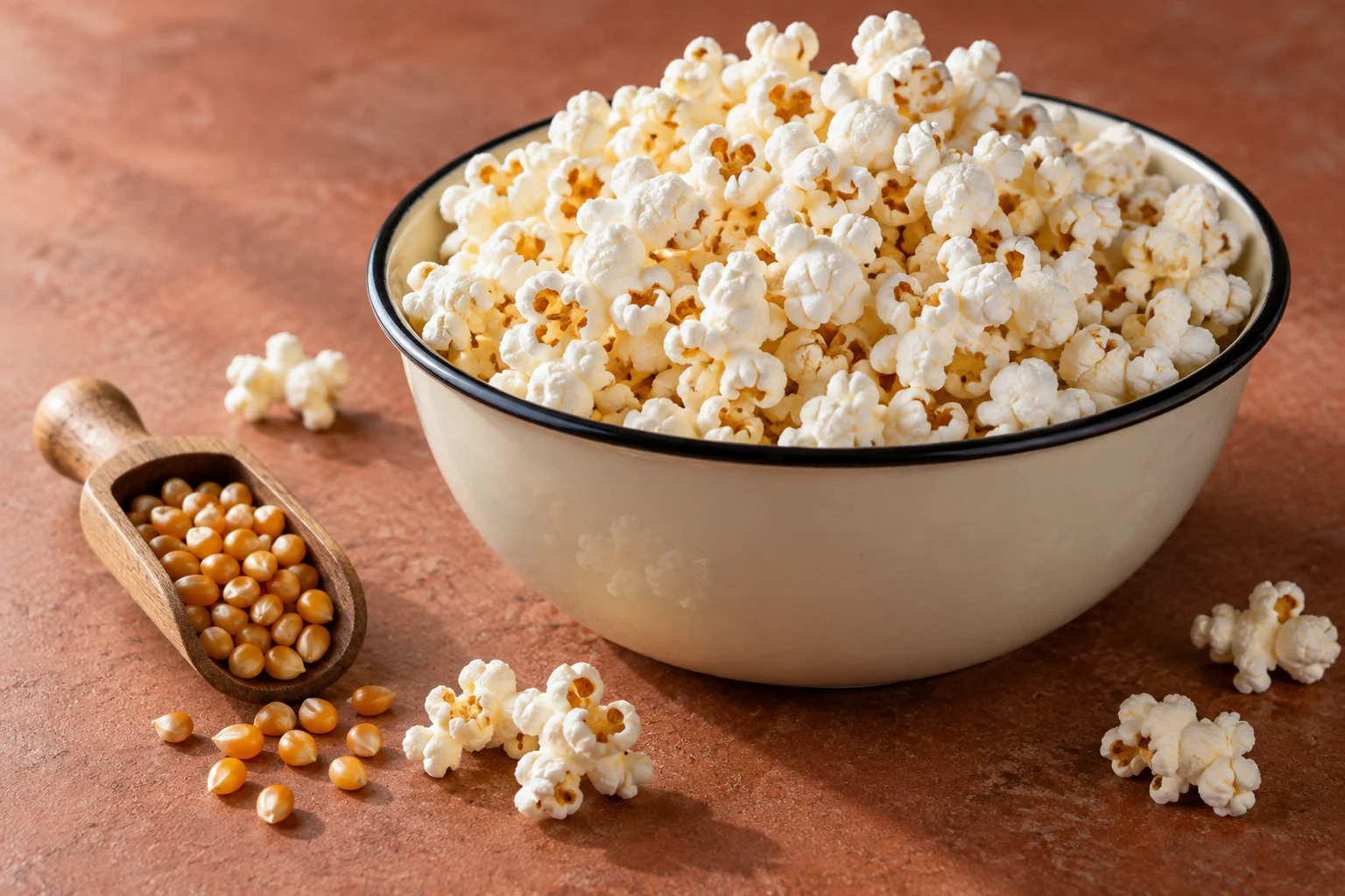 Freshly popped plain popcorn in a cream enamel bowl with a small scoop of corn kernels
