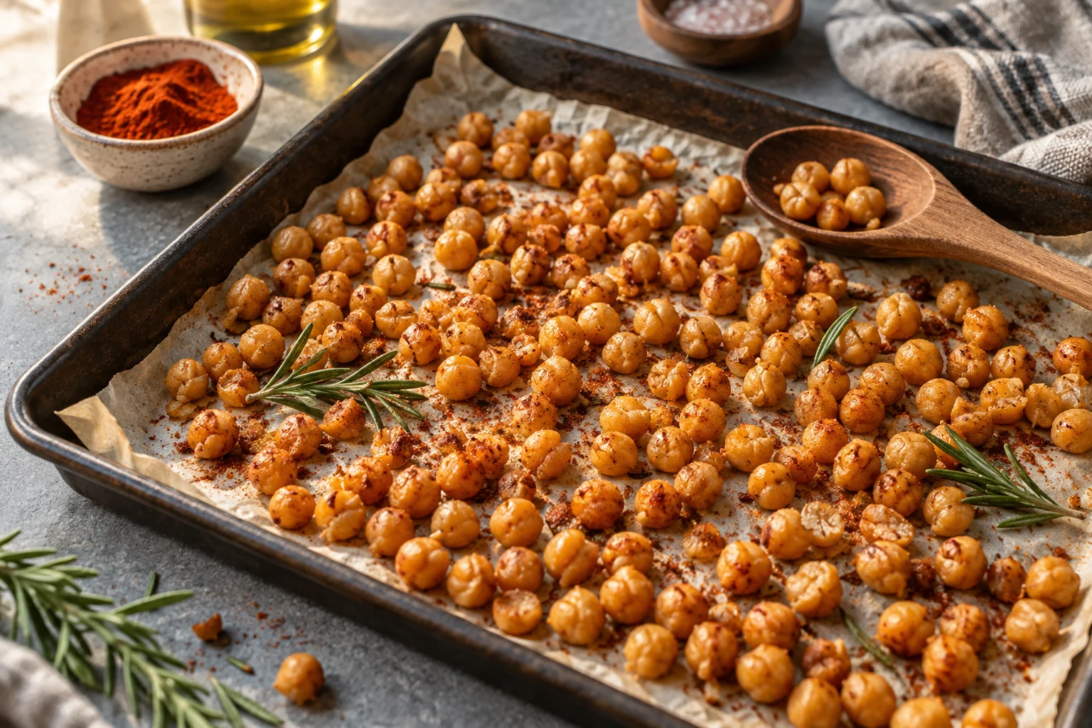 Golden roasted chickpeas with paprika and rosemary on a parchment-lined baking tray