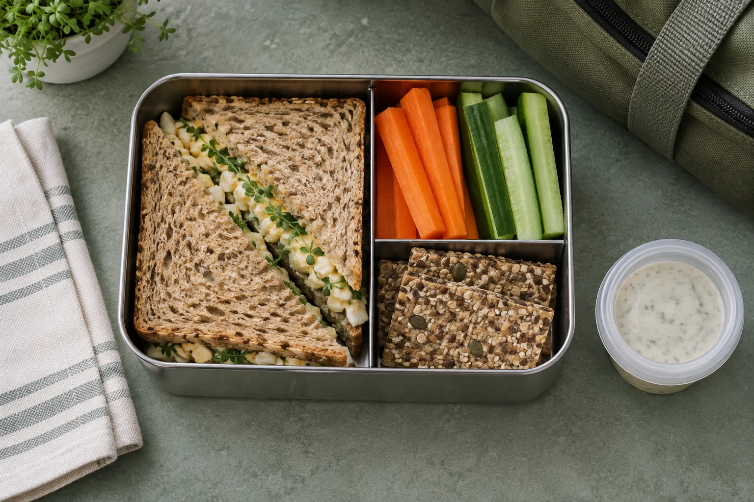 An adult lunch box with a wholemeal sandwich, cucumber and carrot sticks, seeded crackers and a separate lidded dip pot