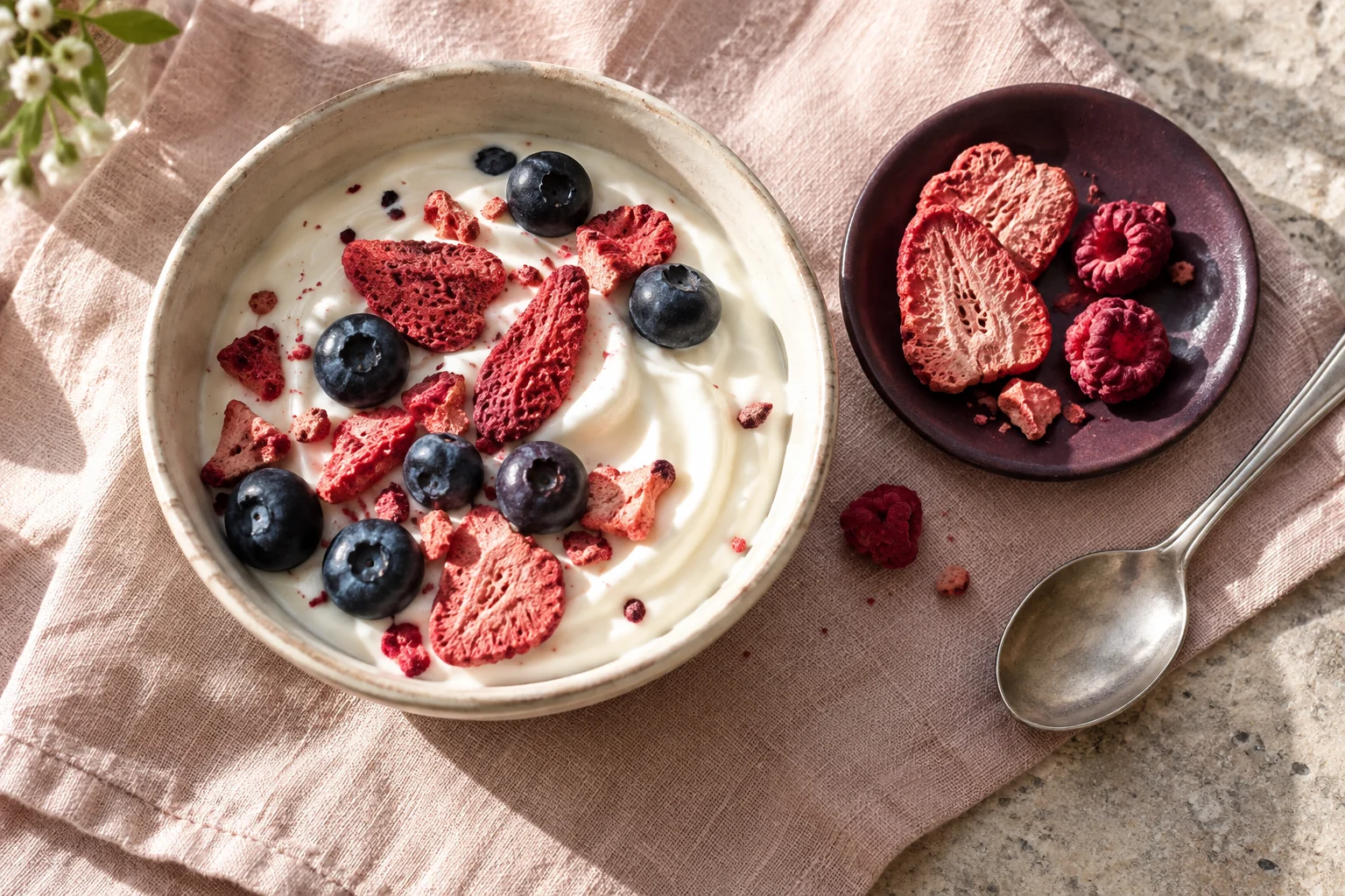 A yoghurt bowl topped with fresh blueberries and freeze-dried strawberry pieces beside a small dish of dried berries