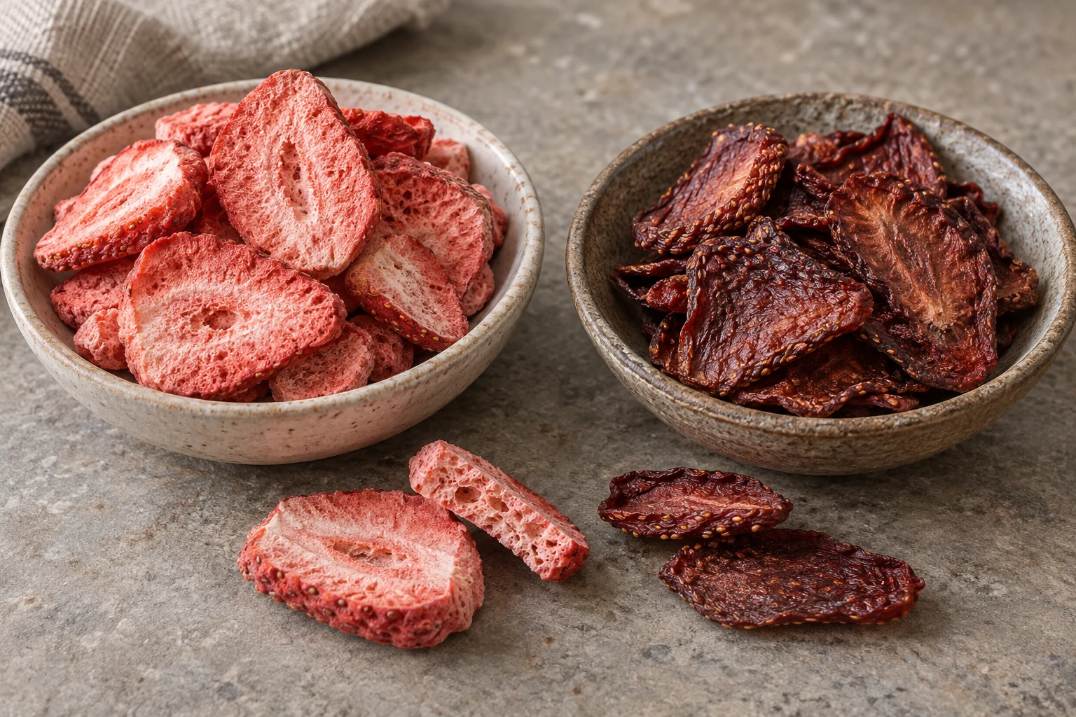 Freeze-dried strawberry slices and darker leathery dried strawberry pieces presented on two small dishes