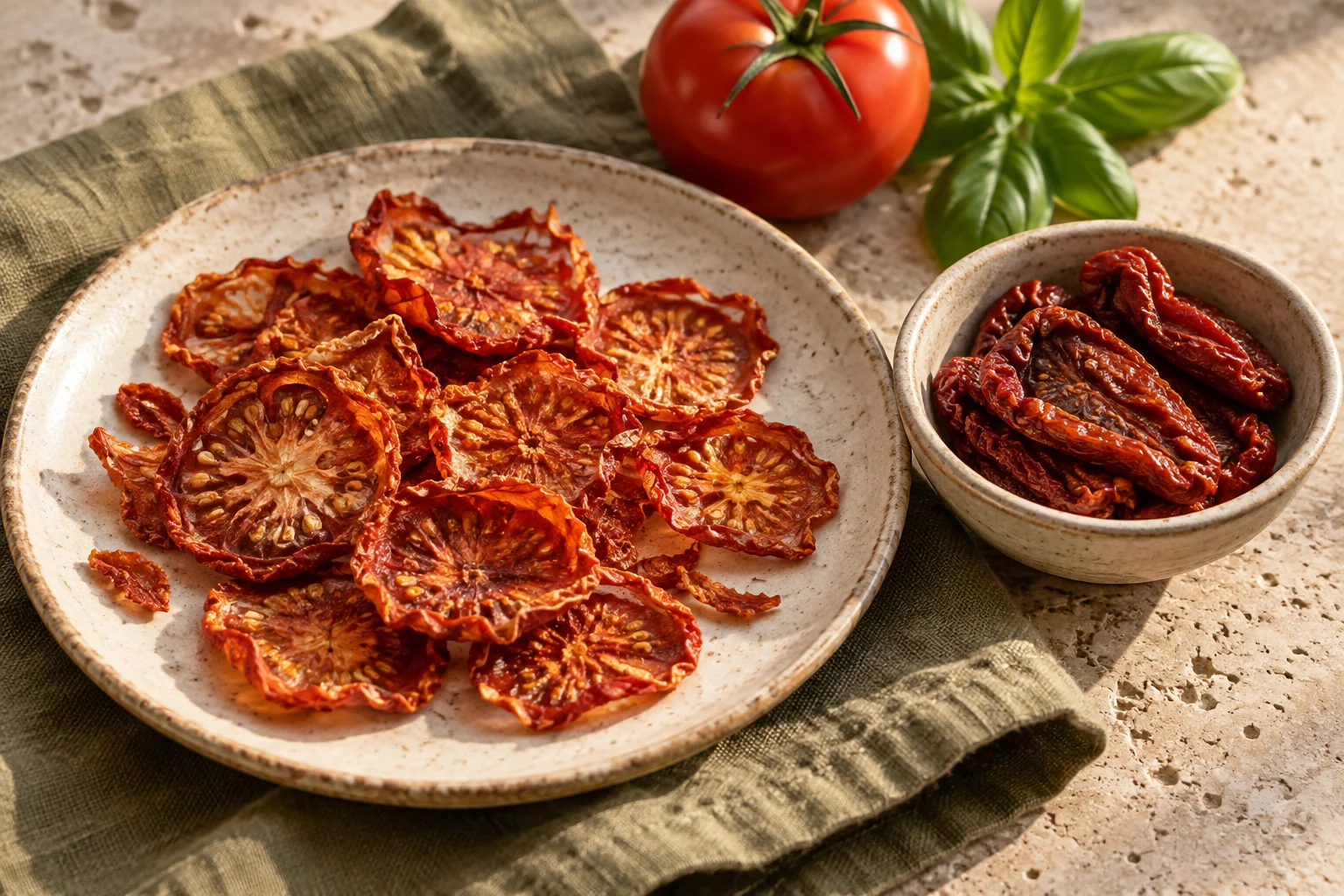 Crisp dried tomato rounds on a stoneware plate beside softer dried tomato halves and fresh basil