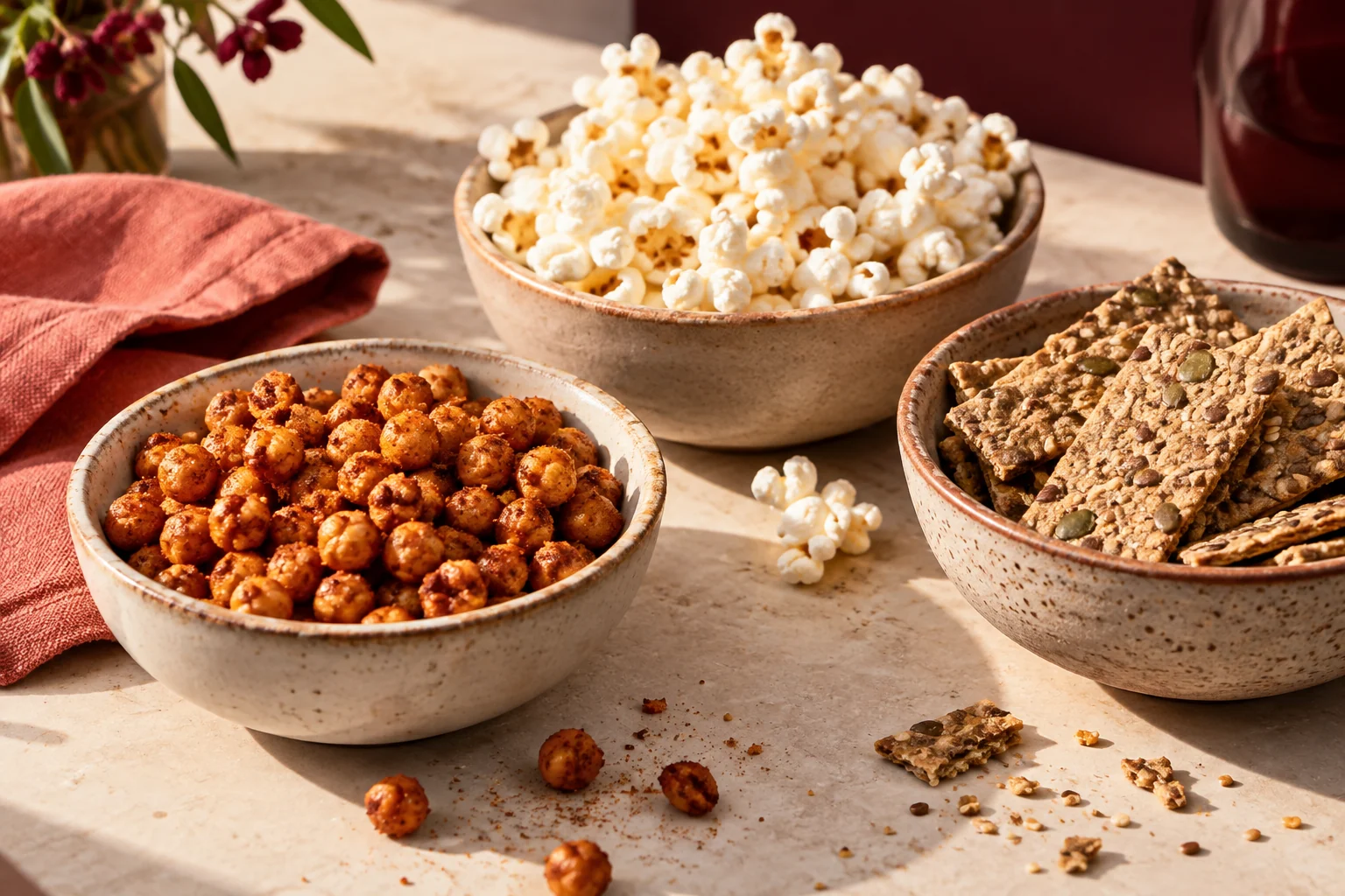 Bowls of roasted chickpeas, popcorn and seeded crackers on a pale peach table